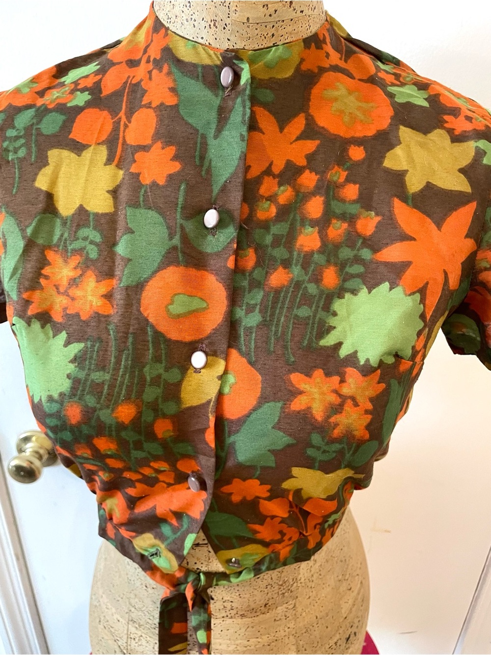 Vintage 60’s Floral Tie-Front Crop Top in Brown, Orange and Green/ Handmade Sm